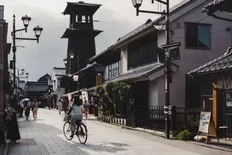 Traditional looking street in Kawagoe, with clock tower in the background